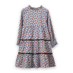 Girls' Long Sleeves Tiered Skirt Dress with Velvet Trim | Blue and Mustard