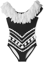Black Swimsuit with Petals + Pom Poms