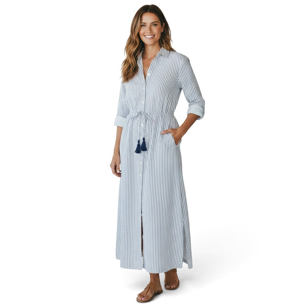 Anais Women's Button Front Shirtdress Marine Stripe