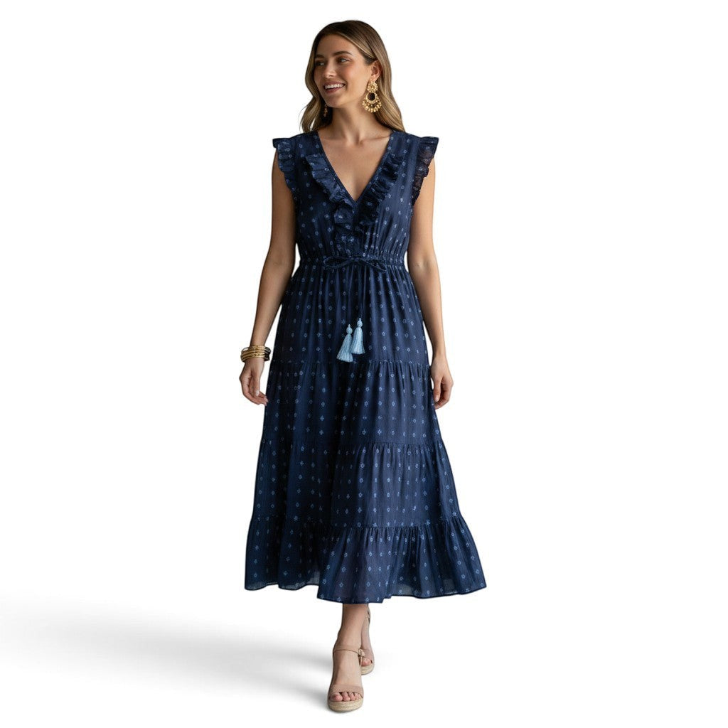 Giselle Women's Maxi Dress Navy Turquoise Swiss Dot