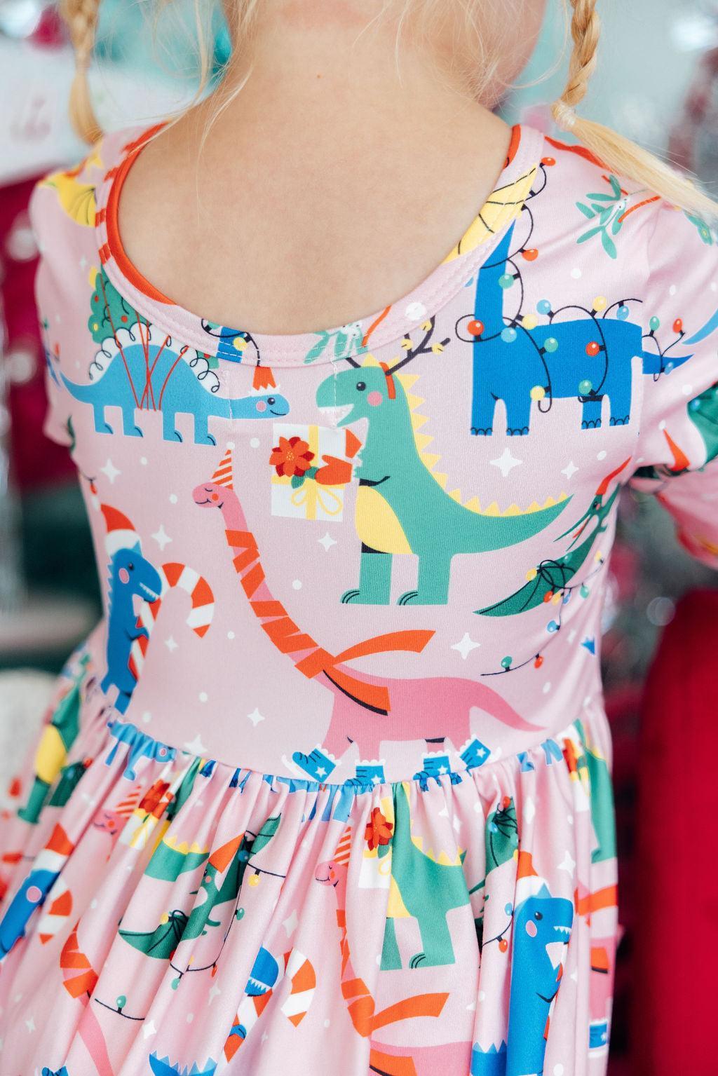 Jingle Saurus Long Sleeve Pocket Twirl Dress