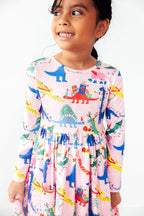 Jingle Saurus Long Sleeve Pocket Twirl Dress