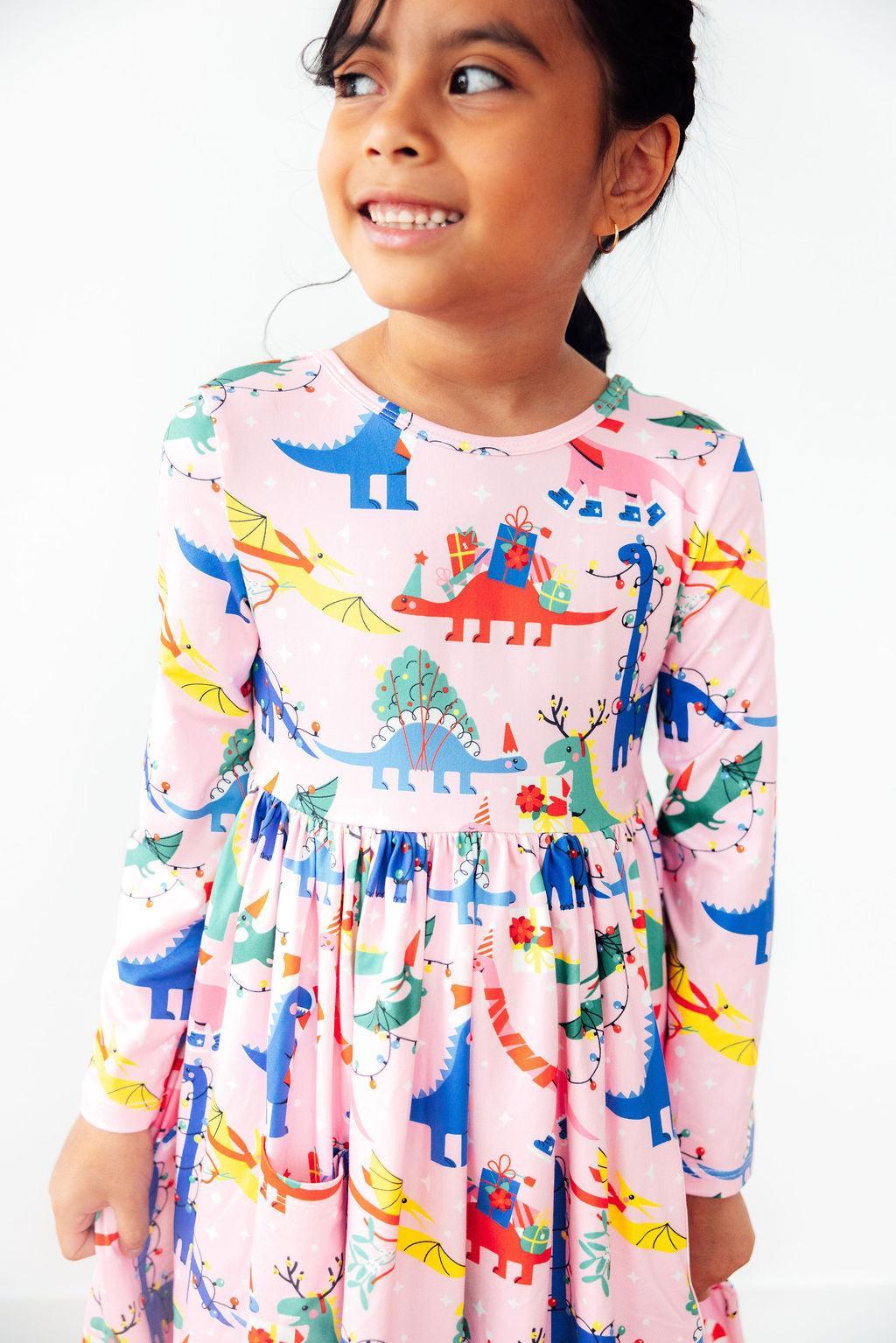 Jingle Saurus Long Sleeve Pocket Twirl Dress