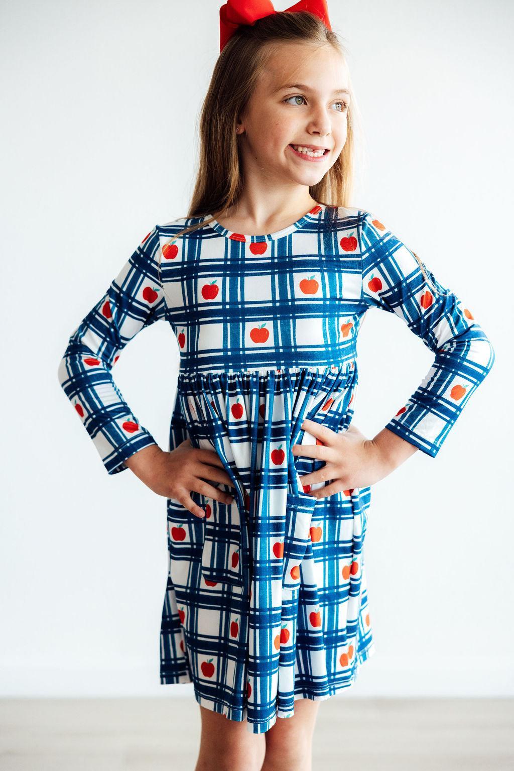 Plaid Apples Long Sleeve Pocket Twirl Dress