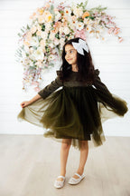 Olive Shimmer 3/4 Sleeve Tutu Dress