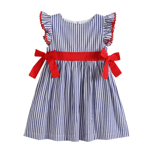 Navy Stripe Ruffle Bow Dress – 4th of July Style