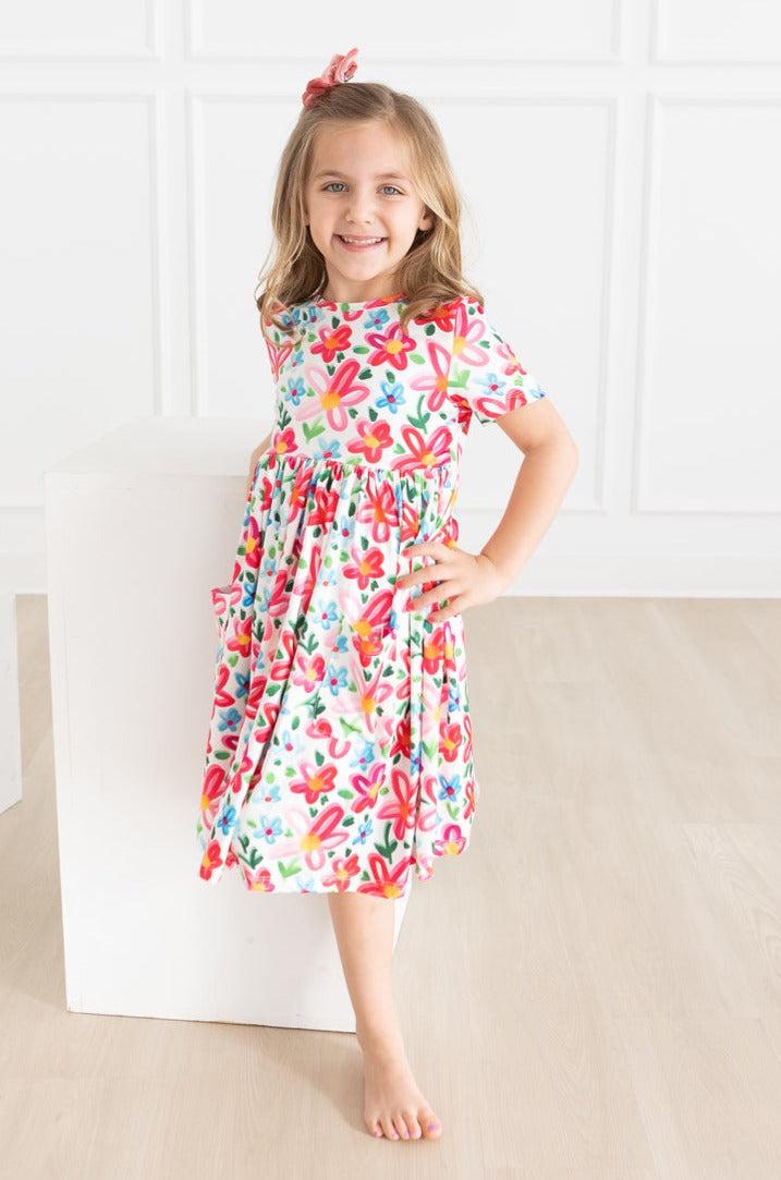 Neon Floral Short Sleeve Pocket Twirl Dress - Blissfully Lavender BoutiqueMila & Rose ®