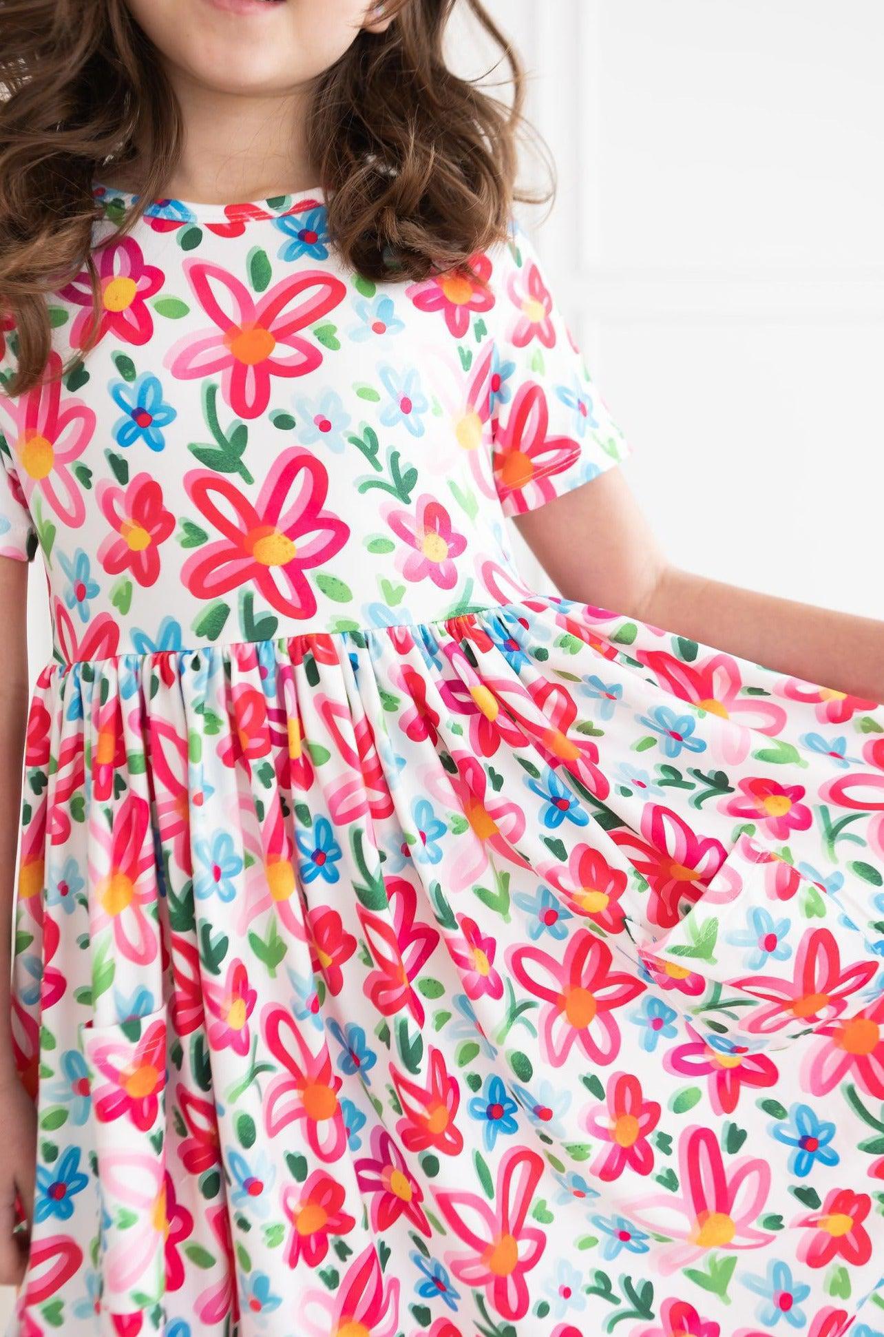 Neon Floral Short Sleeve Pocket Twirl Dress - Blissfully Lavender BoutiqueMila & Rose ®