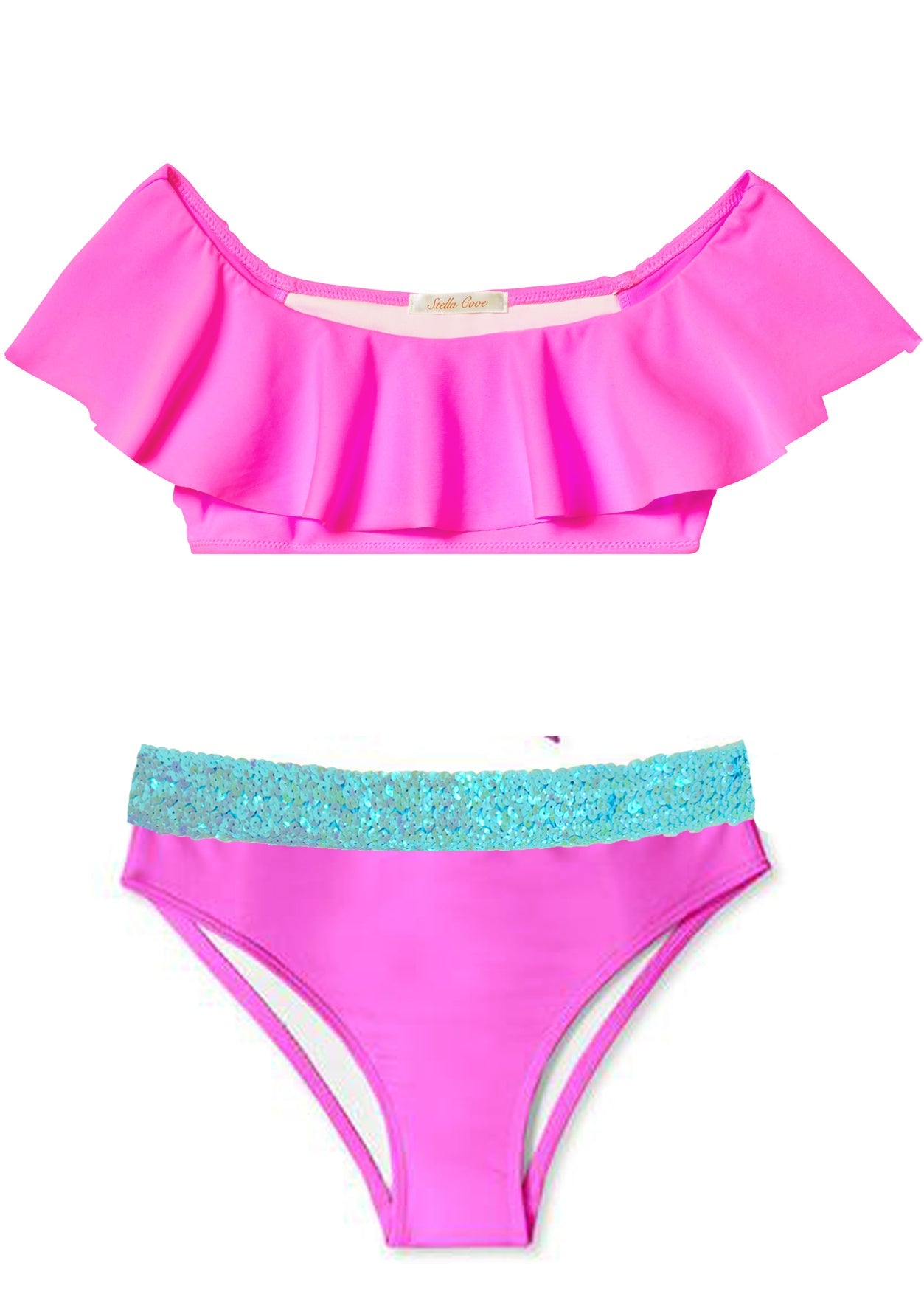 Girls Neon Pink Ruffle Bikini with Aqua Sequin Belt