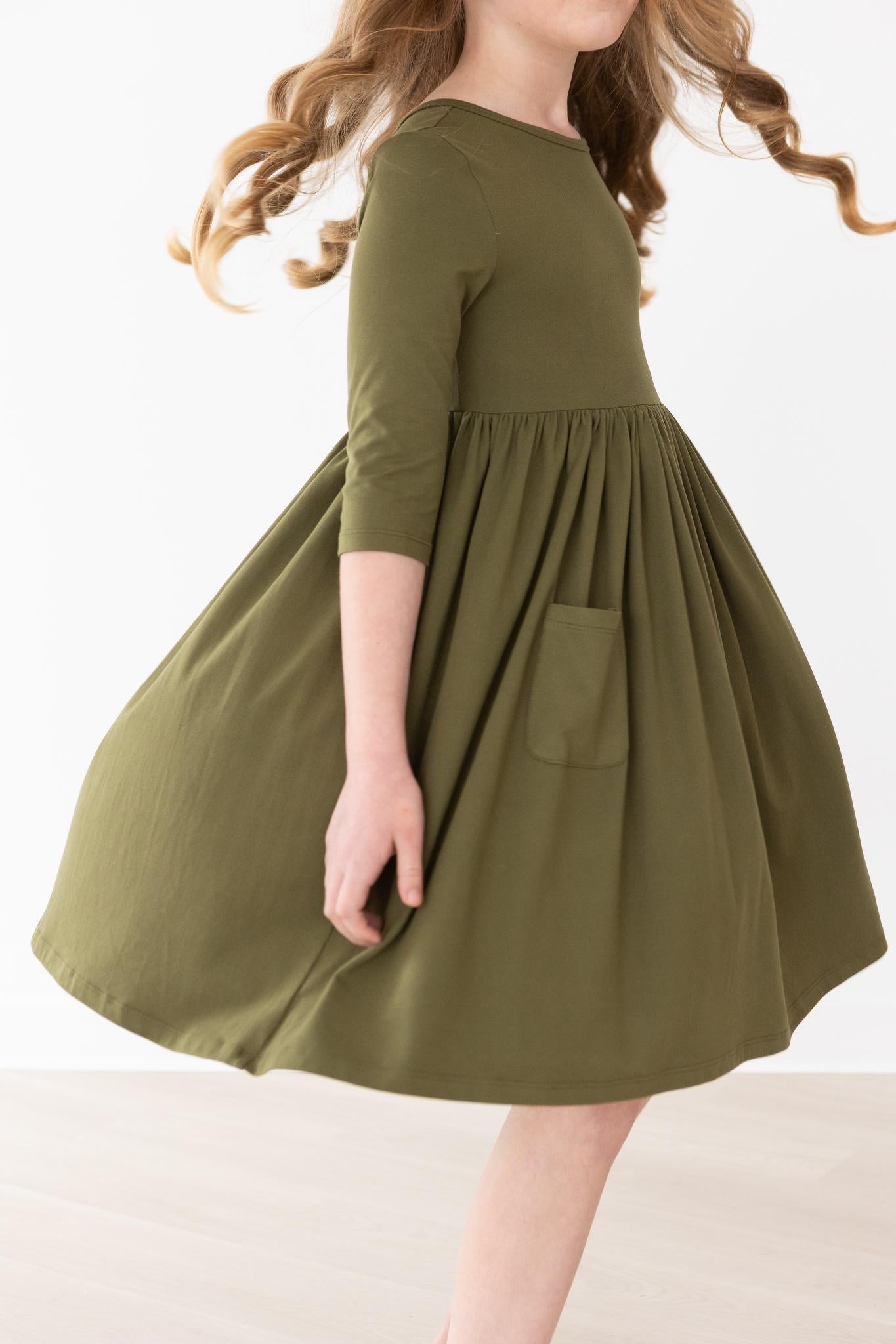 Olive 3/4 Sleeve Pocket Twirl Dress - Blissfully Lavender BoutiqueMila & Rose ®