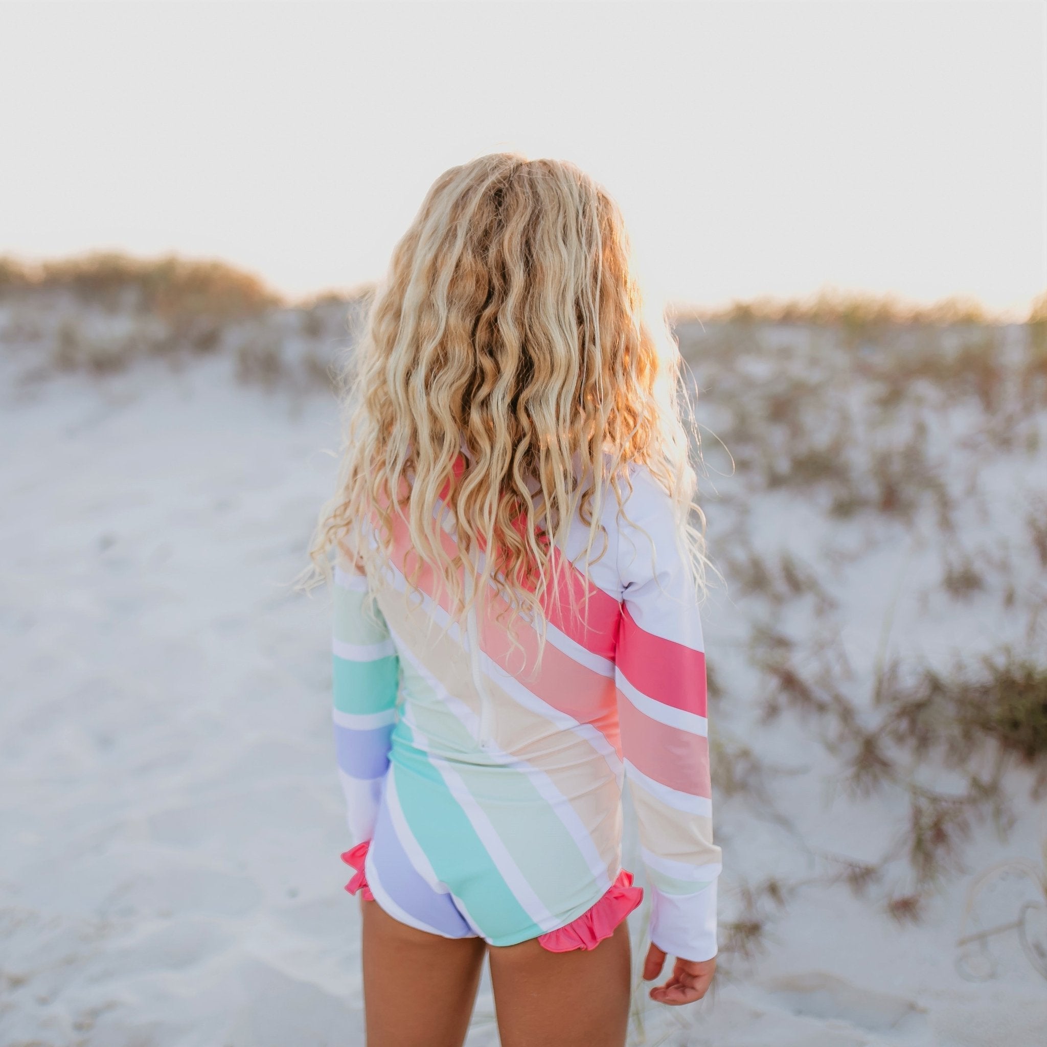 Pastel Rainbow Stripe Zip Rash Guard Swimsuit - Blissfully Lavender BoutiqueOopsie Daisy