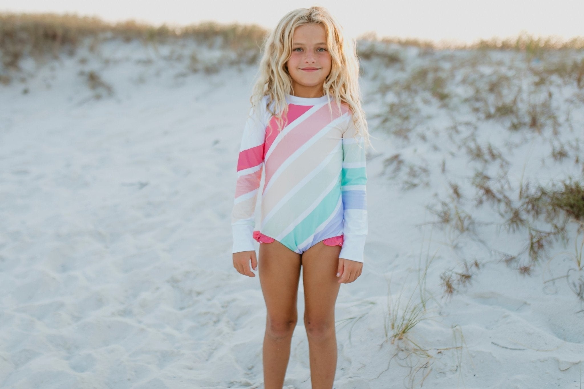 Pastel Rainbow Stripe Zip Rash Guard Swimsuit - Blissfully Lavender BoutiqueOopsie Daisy
