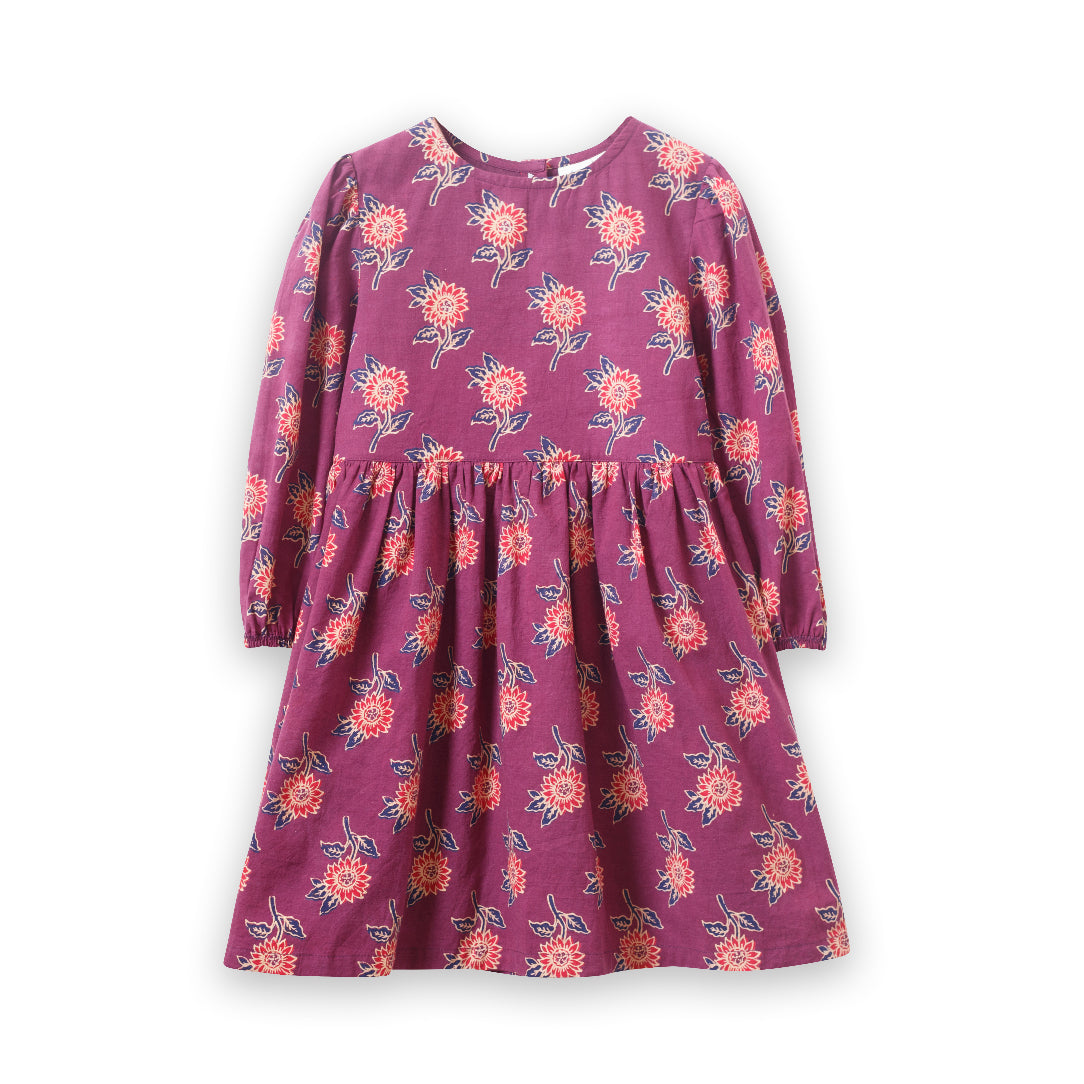 Girls' Long Sleeve Dress with Floral Motif | Purple & Red