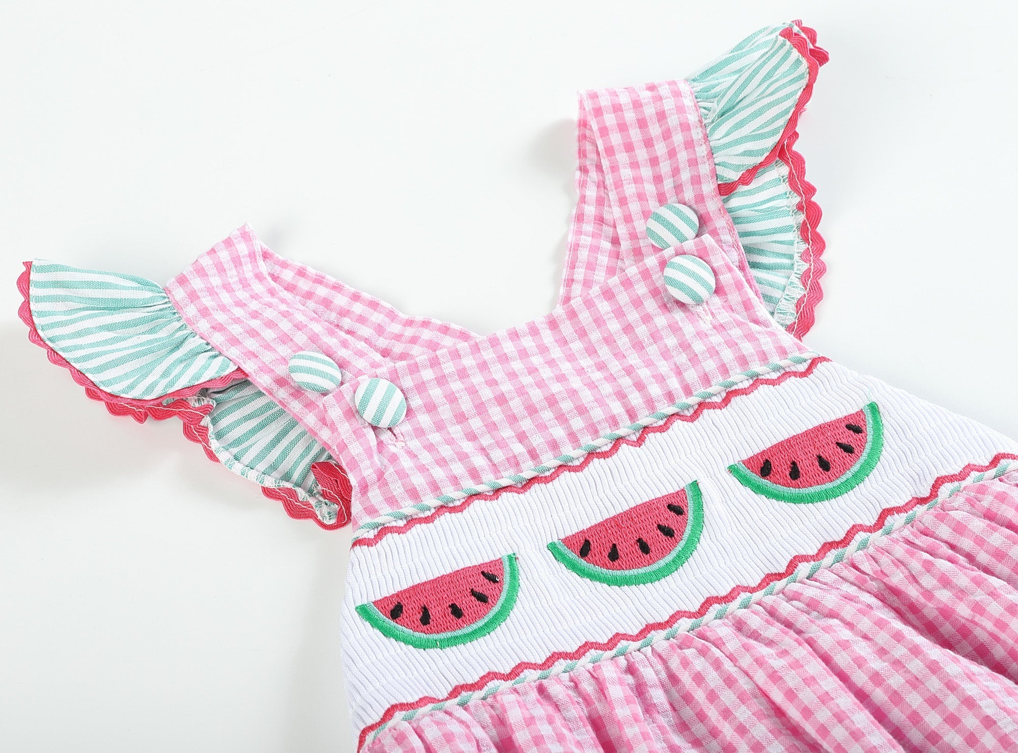 Pink and Green Smocked Bubble Ruffle Romper