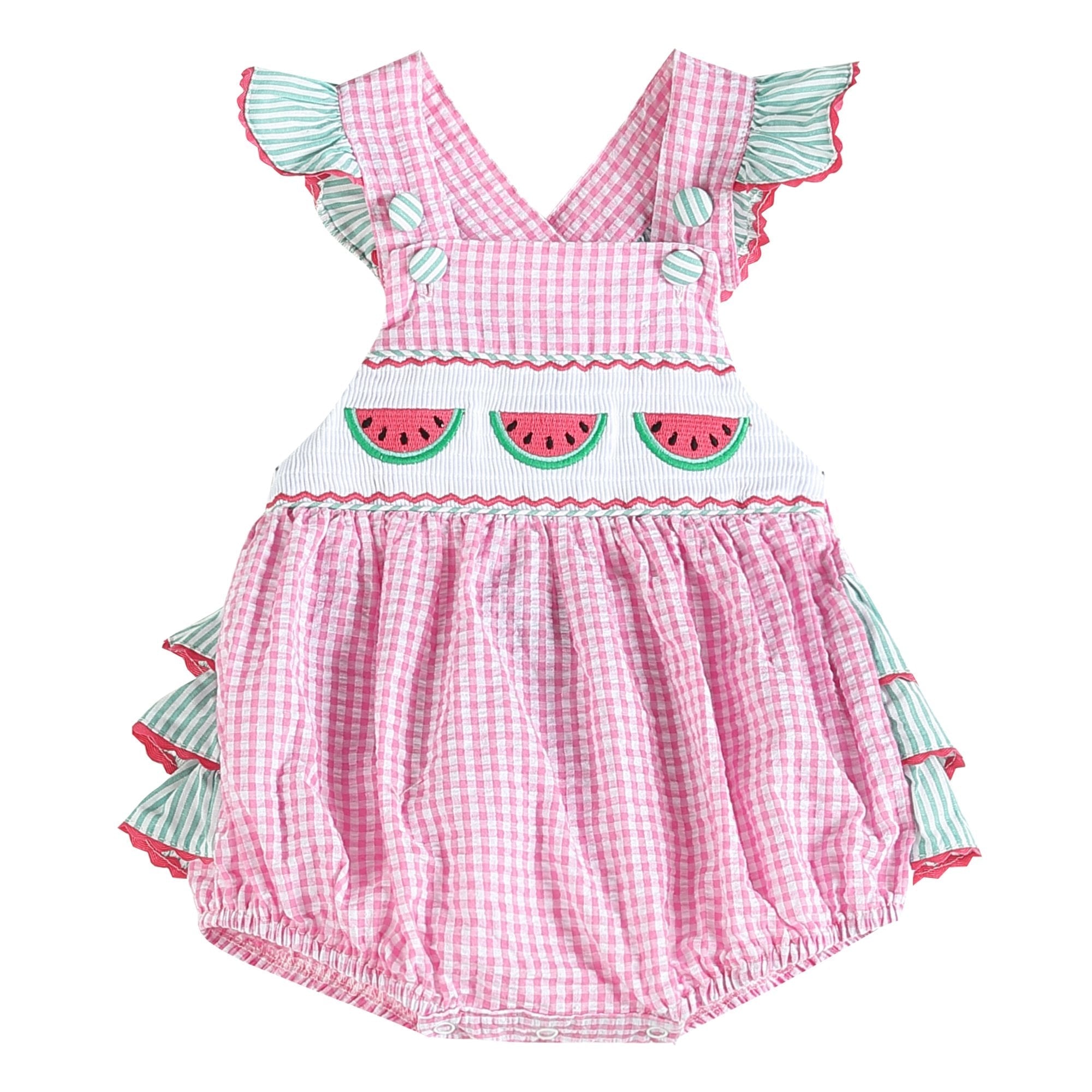 Pink and Green Smocked Bubble Ruffle Romper