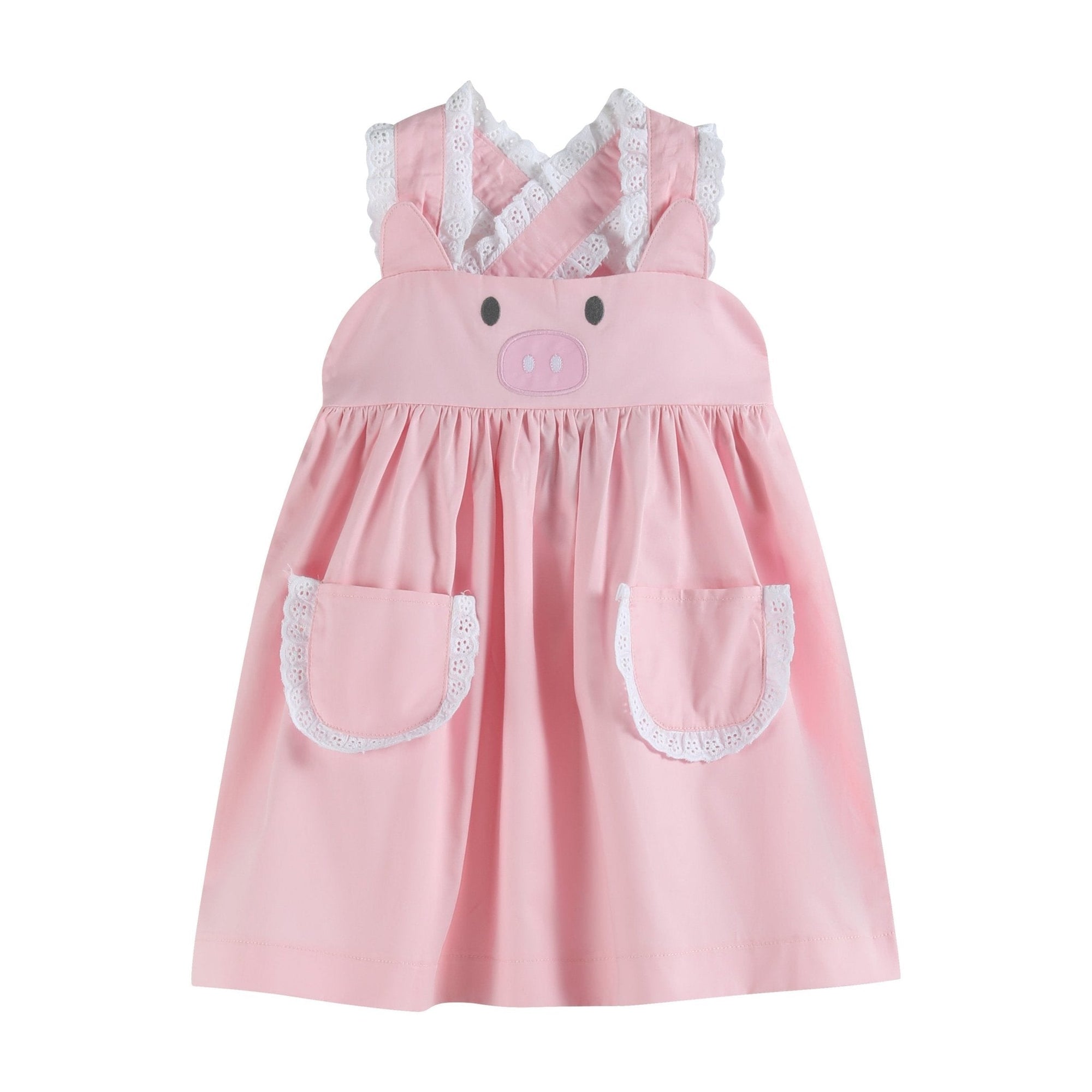 Girls pink piggy dress with lace and back bow