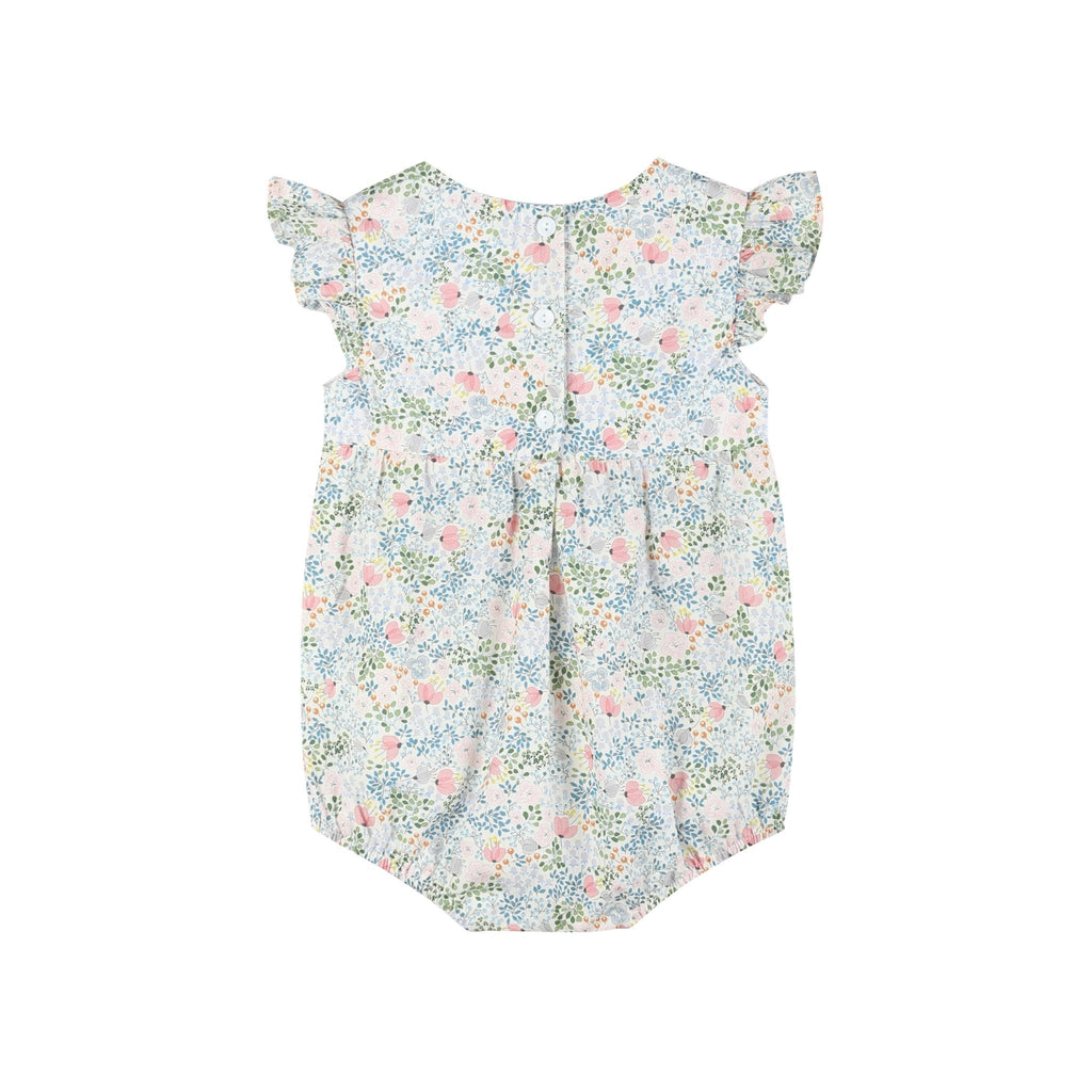 Pink Floral Print Smocked Flutter Romper