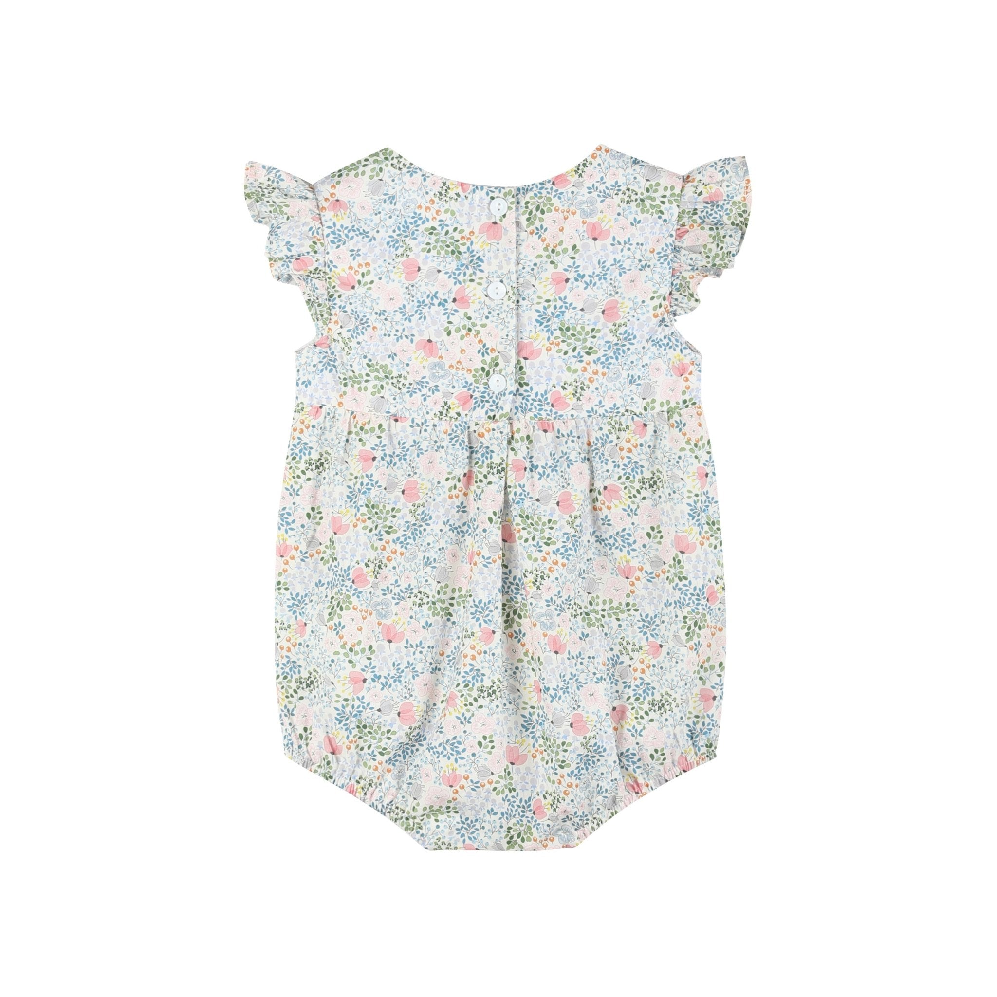 Pink Floral Print Smocked Flutter Romper