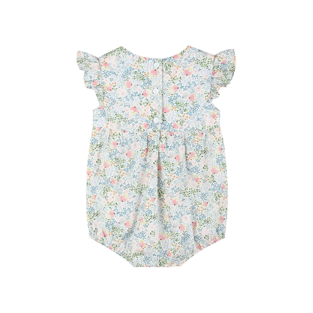 Pink Floral Print Smocked Flutter BubbleRomper