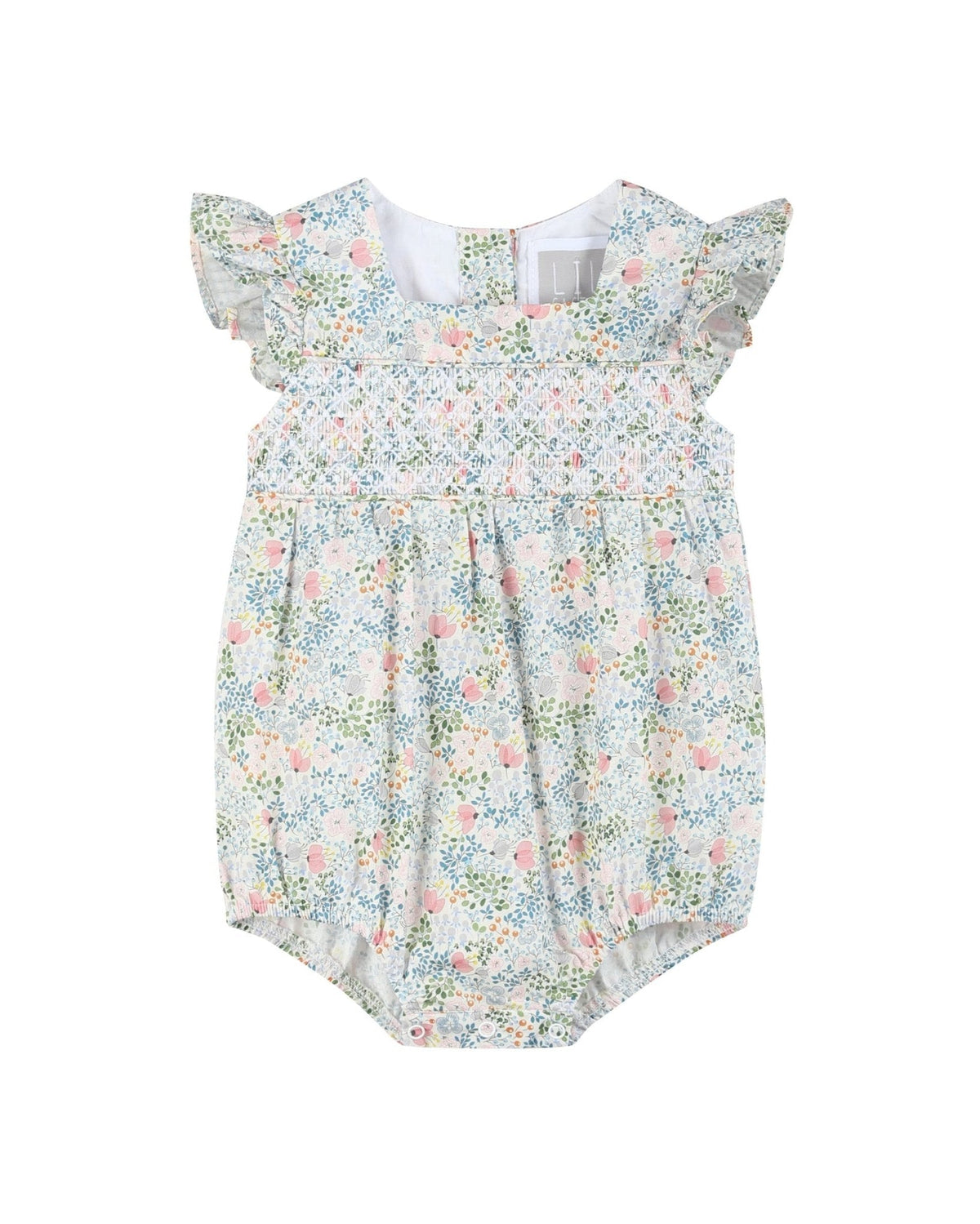 Pink Floral Print Smocked Flutter BubbleRomper