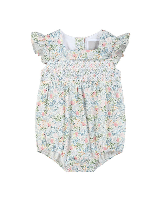 Pink Floral Print Smocked Futter Romper