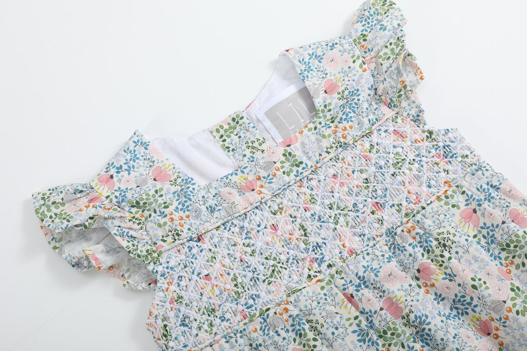 Pink Floral Print Smocked Flutter Romper