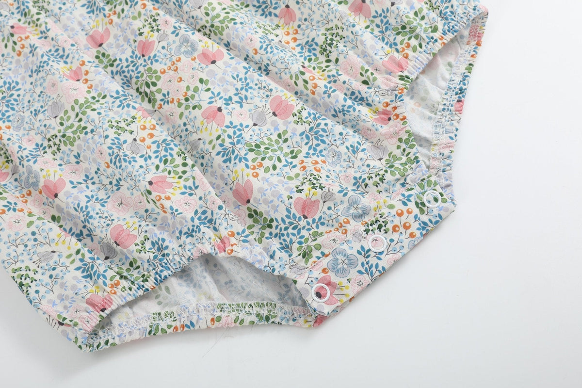 Pink Floral Print Smocked Flutter BubbleRomper
