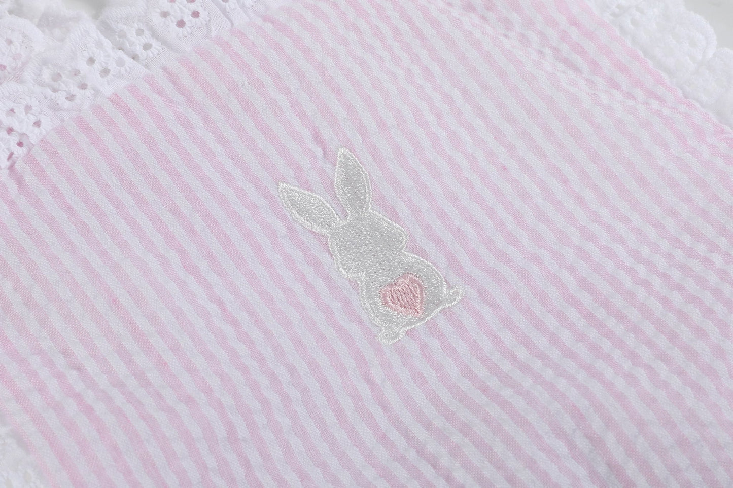 Pink Seersucker Bunny Ruffle Romper