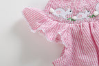 Pink Seersucker Running Bunnies Smocked Bishop Dress