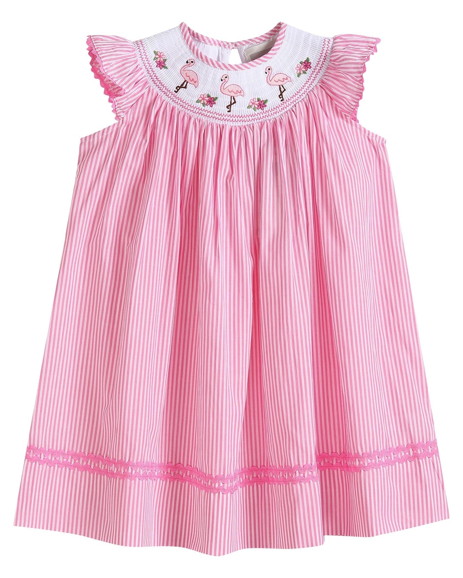 Pink Striped Flamingo Smocked Bishop Dress