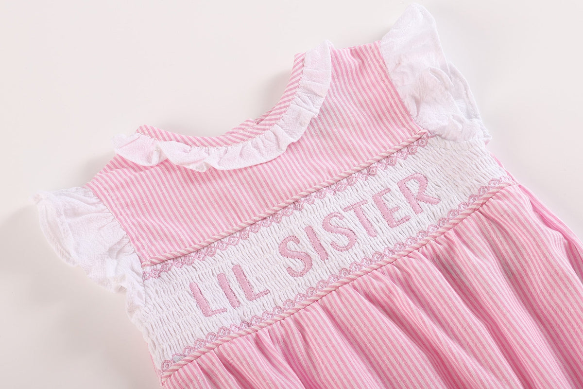 Pink Striped Lil Sister Smocked Bubble Romper