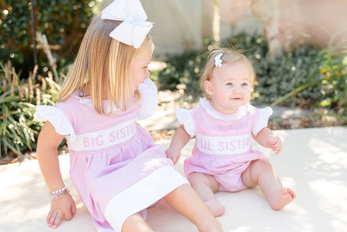 Pink Striped Lil Sister Smocked Bubble Romper