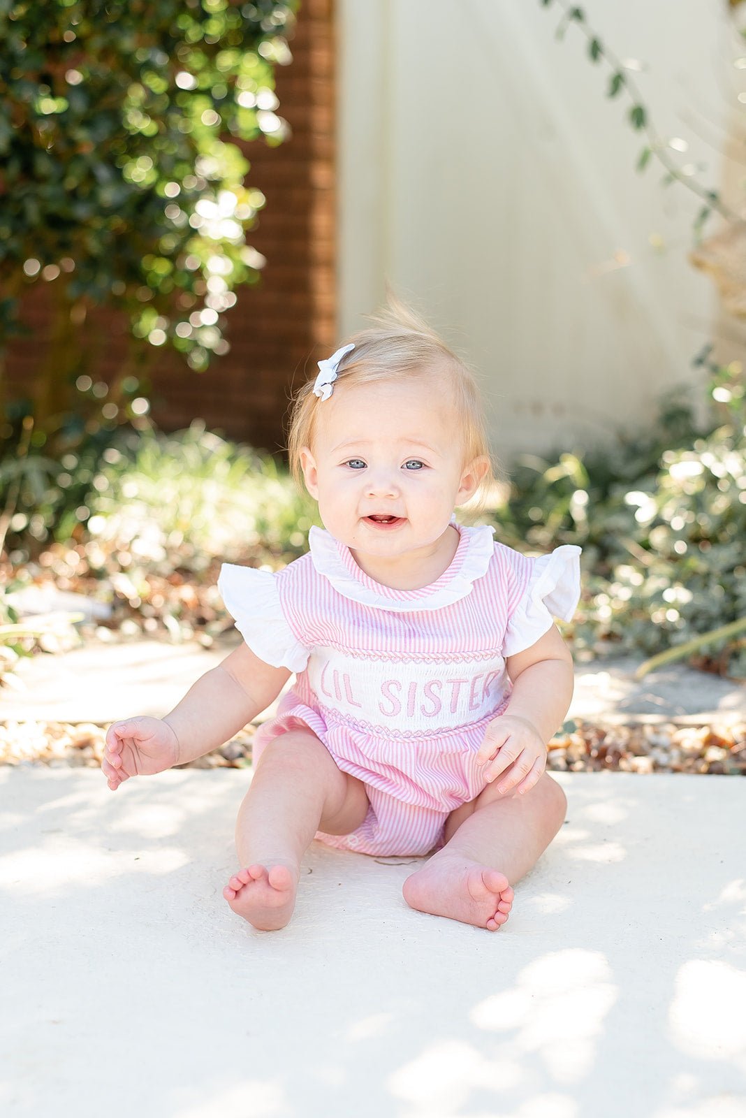 Pink Striped Lil Sister Smocked Bubble Romper