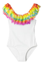 White One-Piece Swimsuit with Chiffon Petal Ruffles