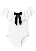 White Ruffle One-Piece Swimsuit with Black Bow