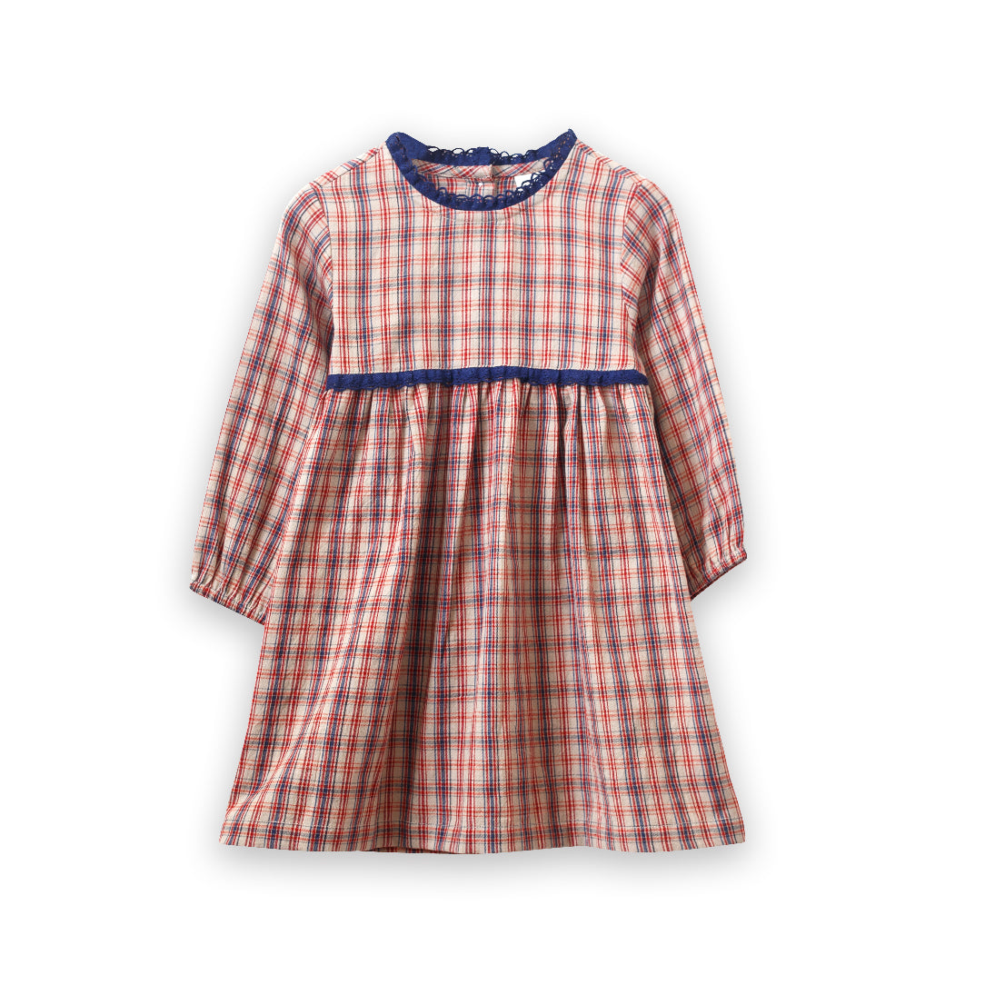 Toddler Long Sleeves Dress with Lace Trim | Red and Blue Check