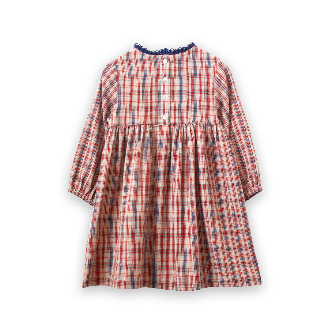 Toddler Long Sleeves Dress with Lace Trim | Red and Blue Check