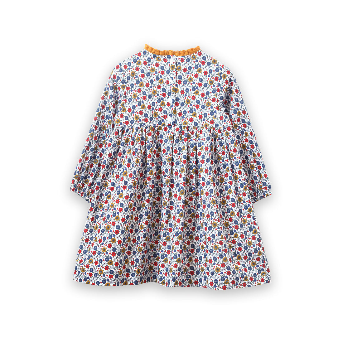 Toddler Long Sleeves Dress with Lace Trim | Mustard and Blue Floral