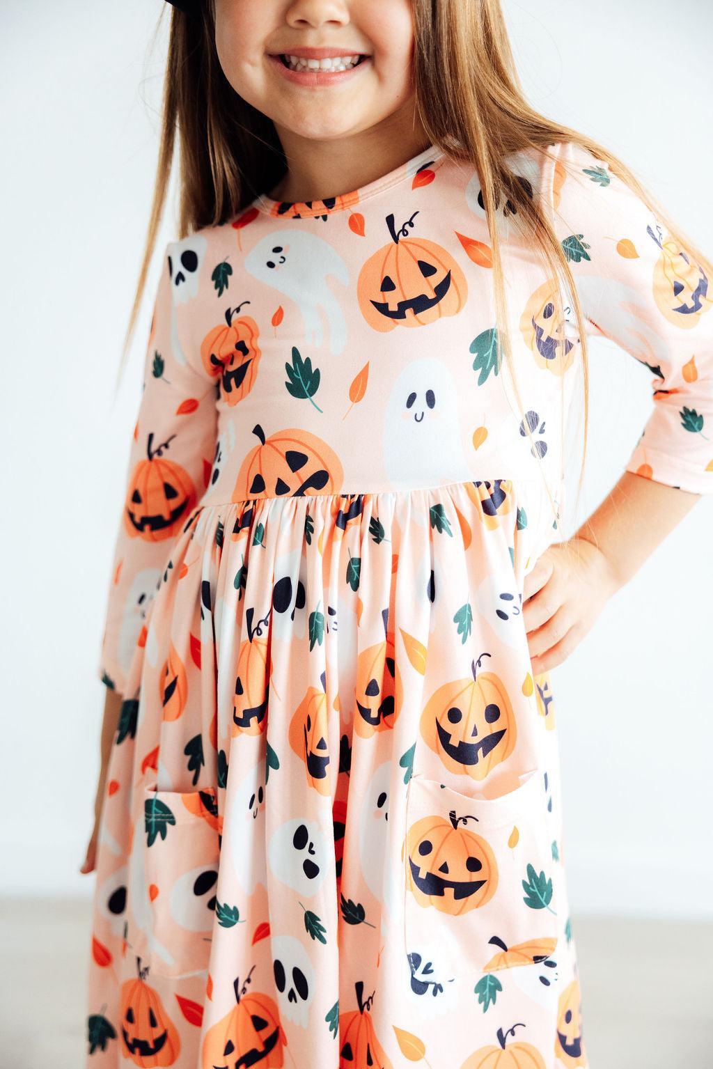 Pumpkin Peekaboo 3/4 Sleeve Pocket Twirl Dress - Blissfully Lavender BoutiqueMila & Rose ®