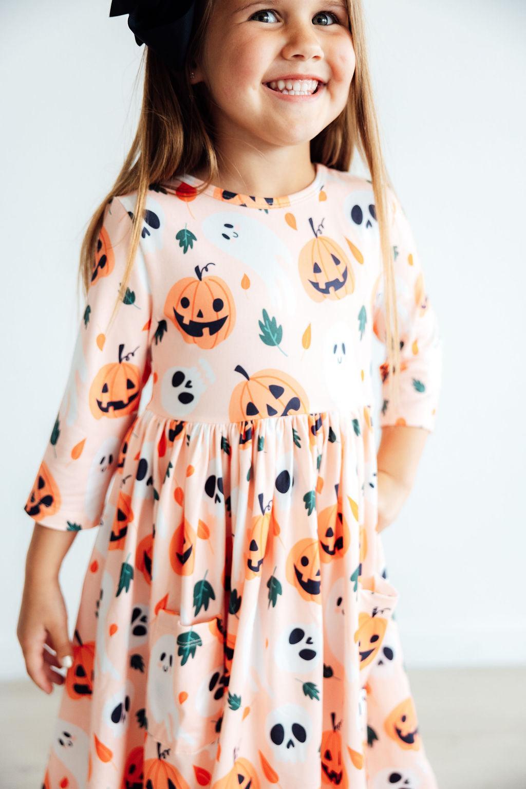 Pumpkin Peekaboo 3/4 Sleeve Pocket Twirl Dress - Blissfully Lavender BoutiqueMila & Rose ®