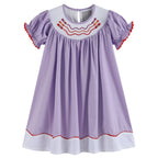 Purple Gingham Crayon Back to School Smocked Bishop Dress