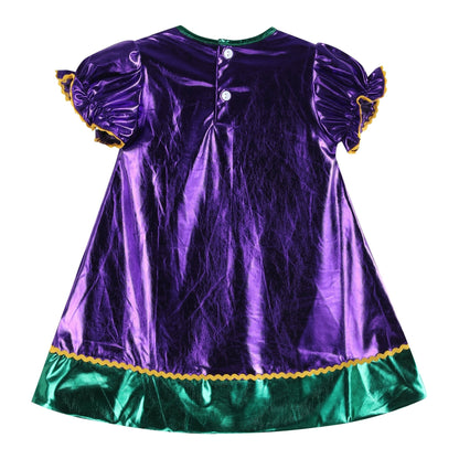 Girls Purple Mardi Gras Applique Bishop Dress