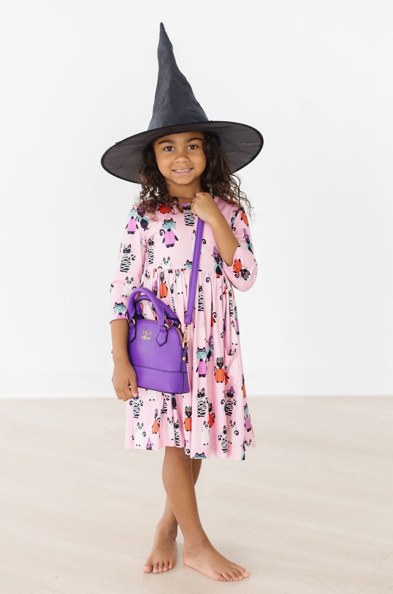 Purr - fectly Spooky 3/4 Sleeve Pocket Twirl Dress - Blissfully Lavender BoutiqueMila & Rose ®