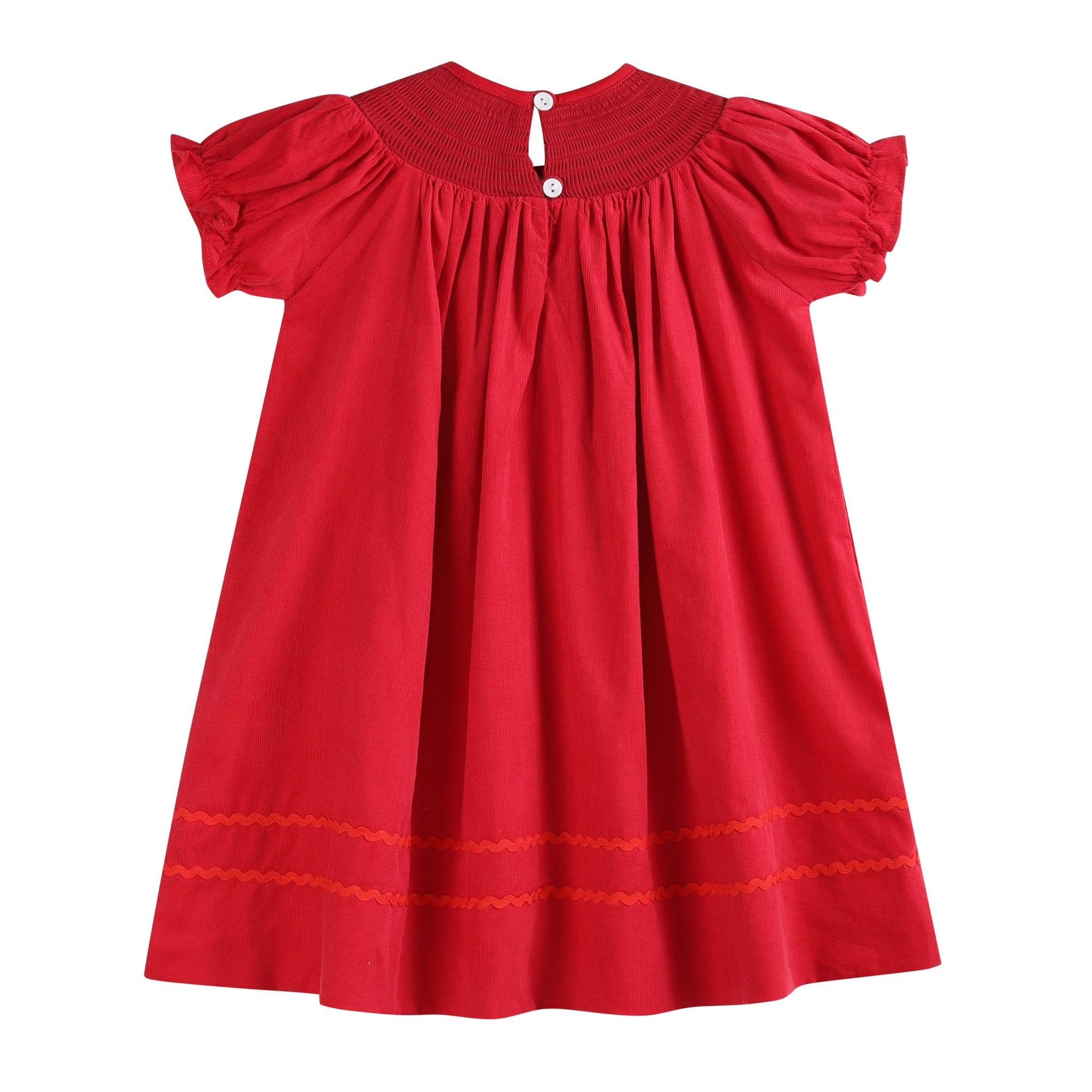 Red Corduroy Mistletoe Smocked Bishop Dress