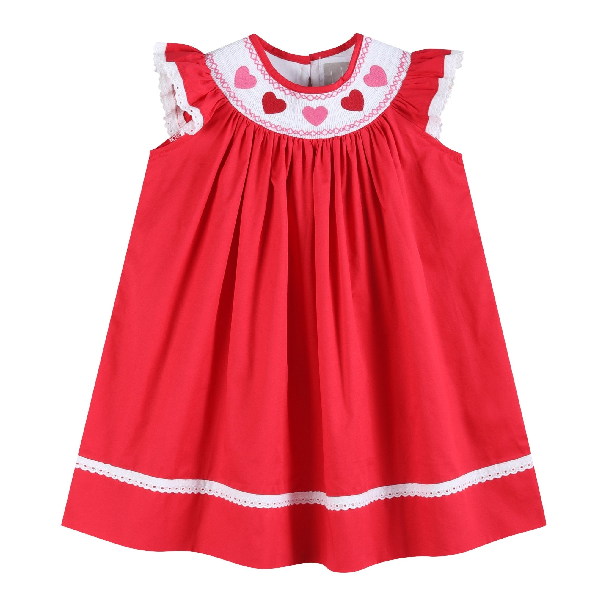 Valentine Red Heart and Lace Smocked Bishop Dress