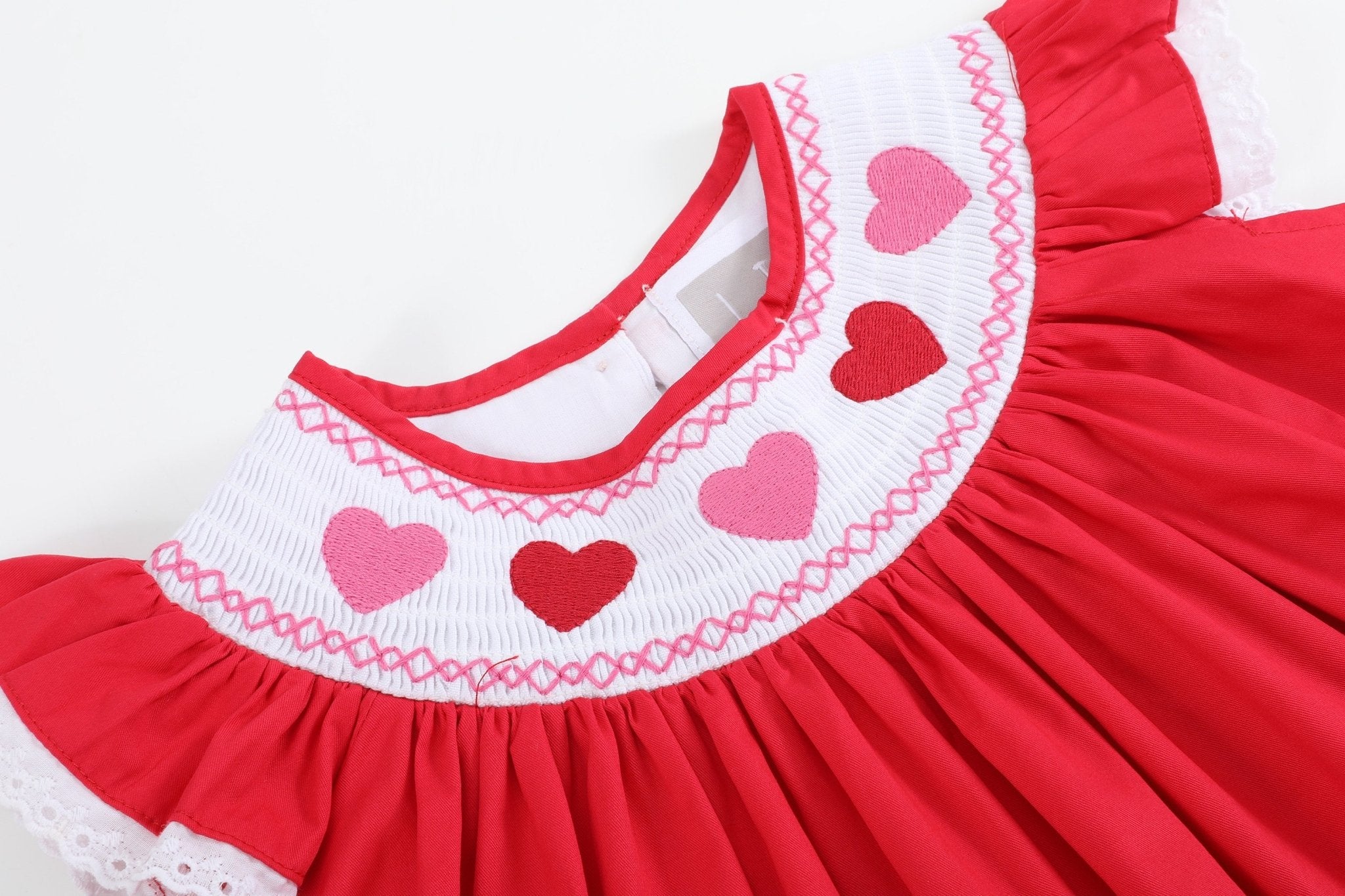 Valentine Red Heart and Lace Smocked Bishop Dress