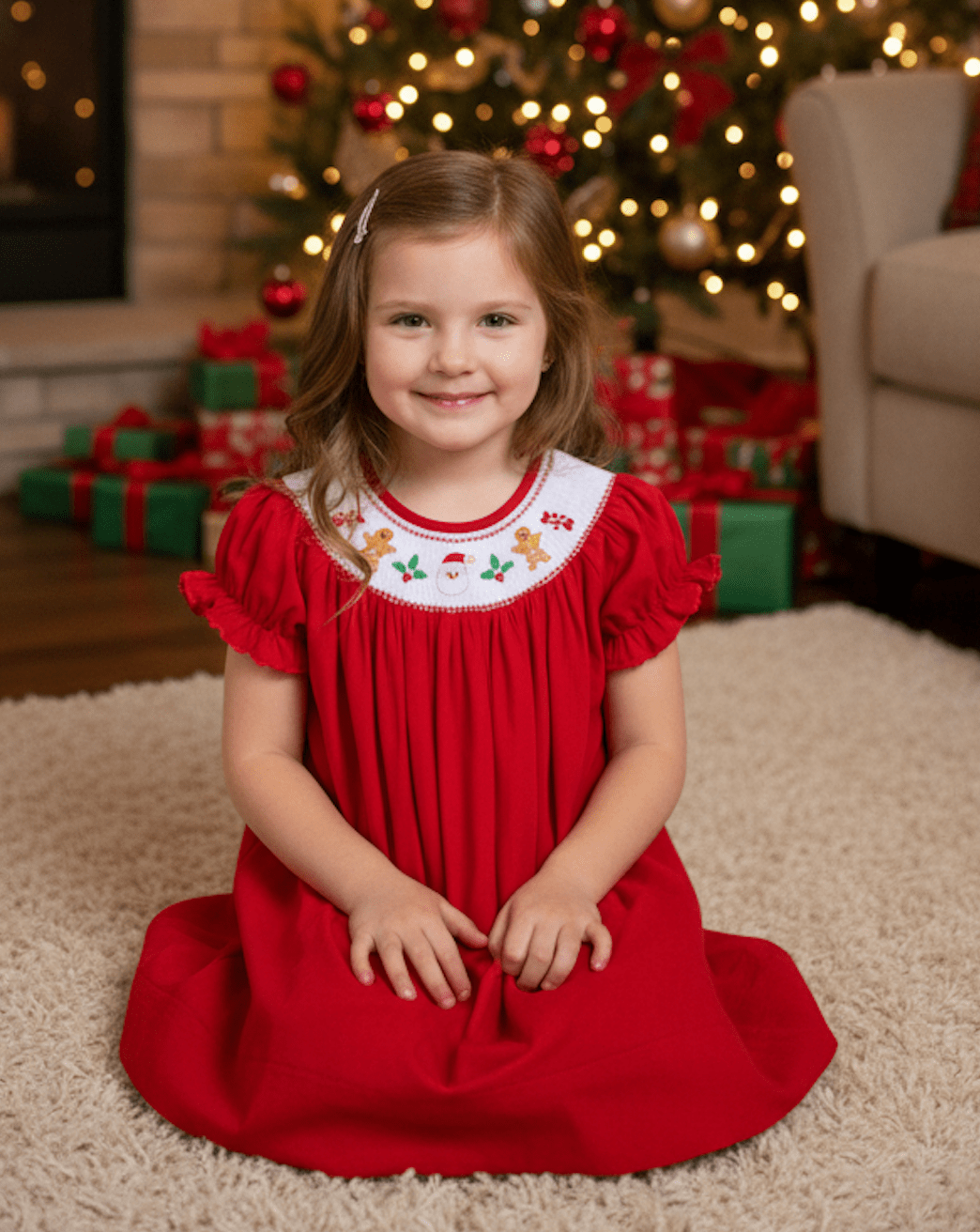 Red Velour Christmas Smocked Bishop Dress