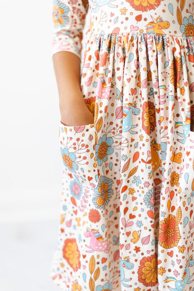 Retro Unicorns 3/4 Sleeve Pocket Twirl Dress - Blissfully Lavender BoutiqueMila & Rose ®