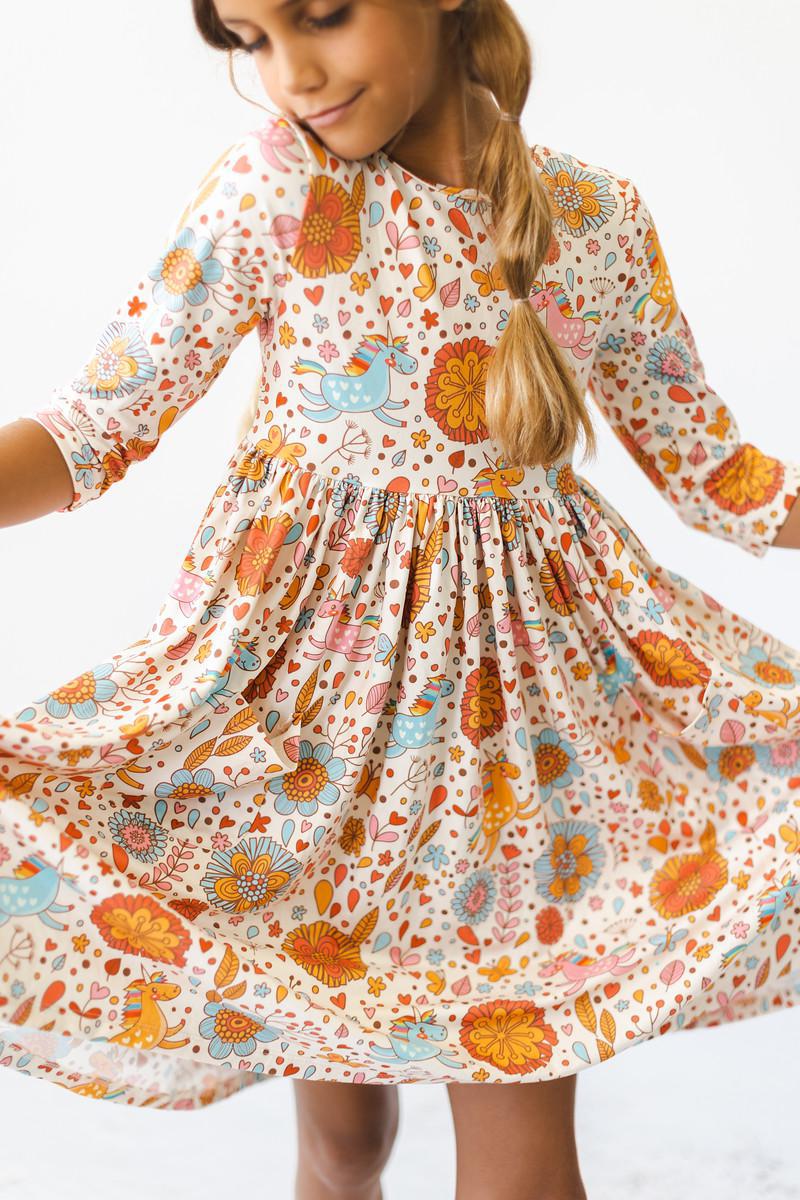 Retro Unicorns 3/4 Sleeve Pocket Twirl Dress - Blissfully Lavender BoutiqueMila & Rose ®