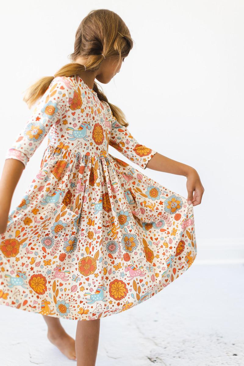 Retro Unicorns 3/4 Sleeve Pocket Twirl Dress - Blissfully Lavender BoutiqueMila & Rose ®